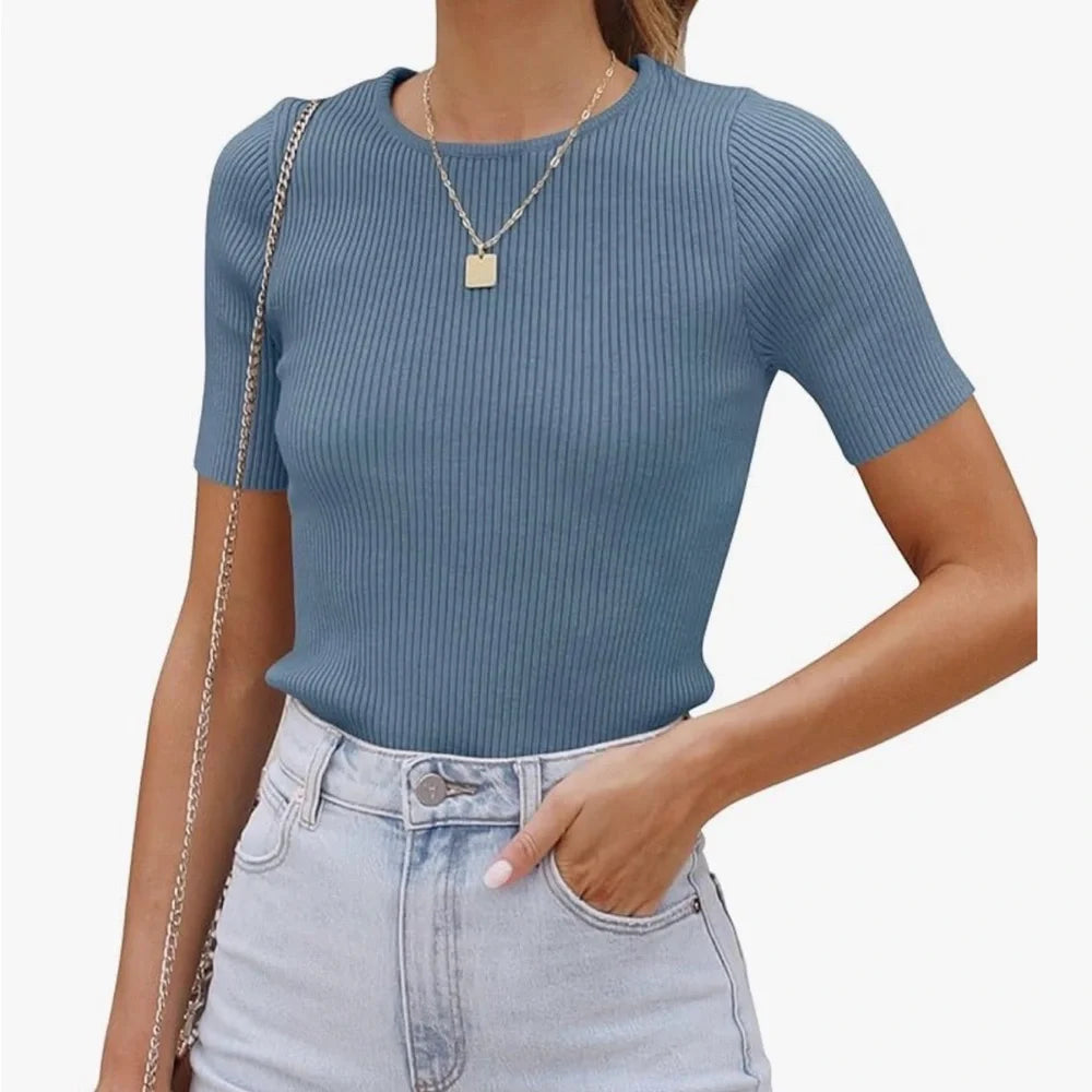 Women's ZESICA Ribbed Knit Short Sleeve Top Slate Blue XS – Fitted Stretch Tee