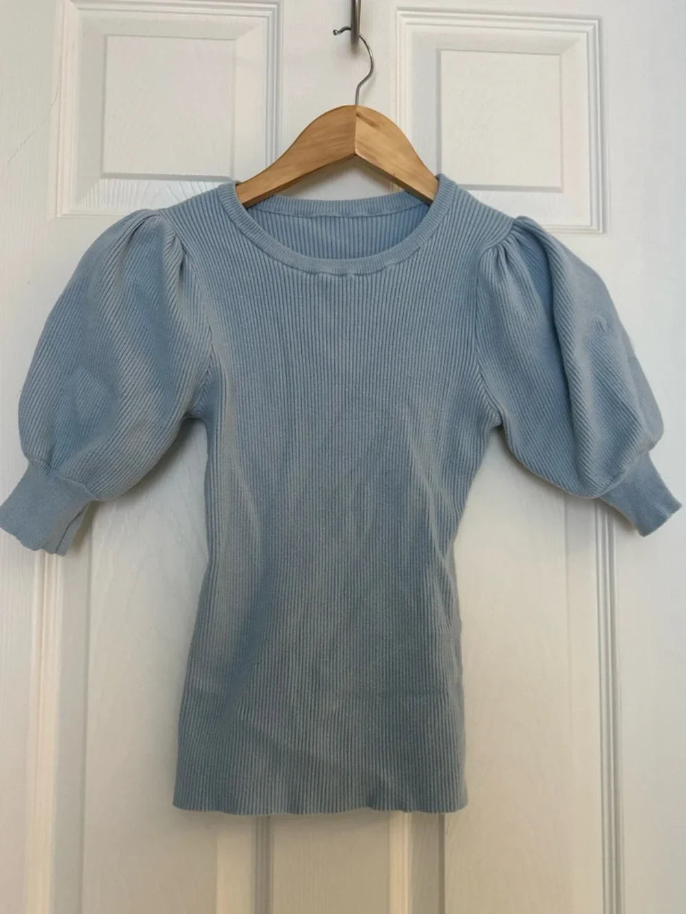 Women's Light Blue Ribbed Puff Sleeve Top Short Sleeve Knit Blouse Small