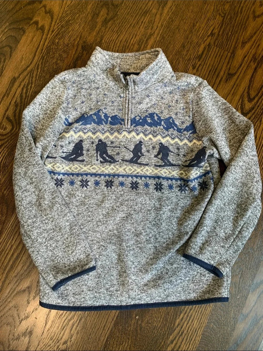 #151 - Sonoma Grey Boys Quarter-Zip Sweater with Blue and Cream Ski Pattern - Boys Size 8