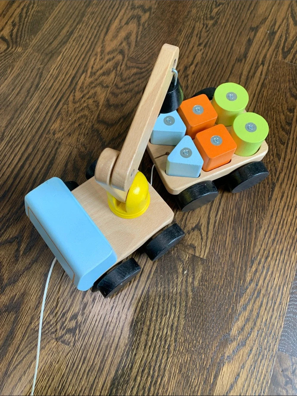 #151 - Wooden Crane Pull Toy with Blue, Yellow, Orange & Green Shape Blocks