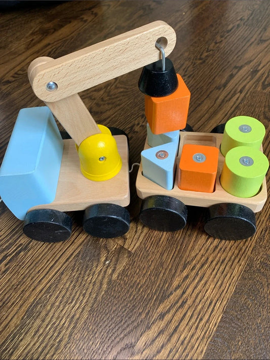 #151 - Wooden Crane Pull Toy with Blue, Yellow, Orange & Green Shape Blocks