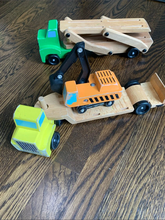 #151 - Melissa & Doug Wooden Construction Trucks in Yellow, Orange, Green, Black - Paint damage