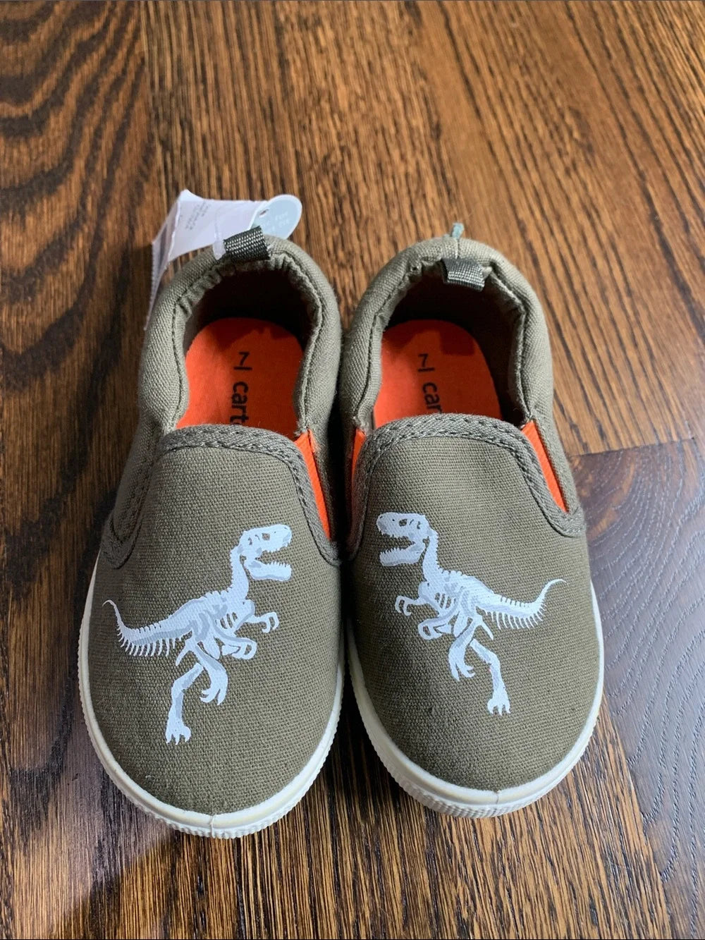 #151 - Carter's Olive Canvas Slip-On Shoes with White Dinosaur Print - Toddler 7
