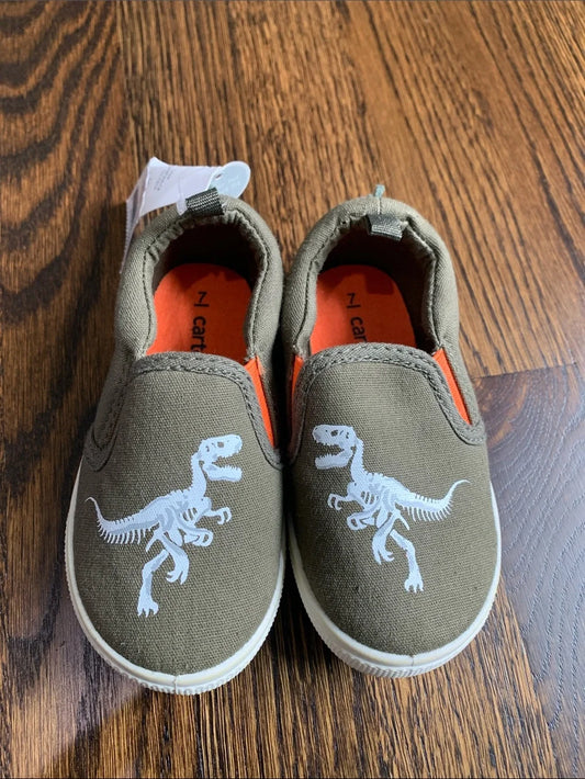 #151 - Carter's Olive Canvas Slip-On Shoes with White Dinosaur Print - Toddler 7