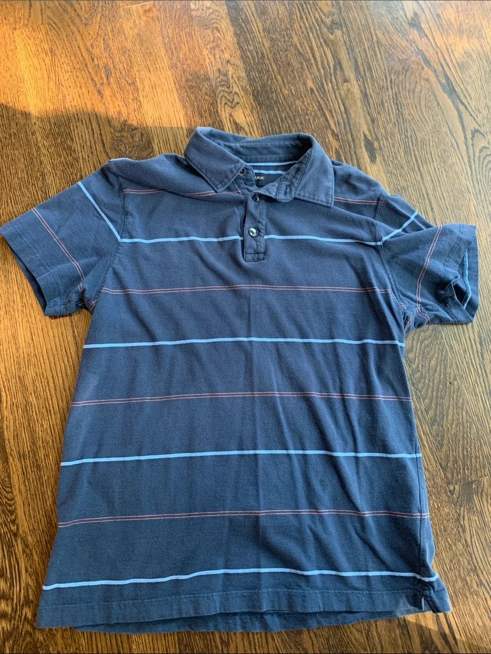 #151 - Banana Republic Navy Polo with Light Blue and Red Stripes - Men's Medium