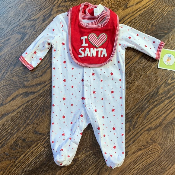 #91 - NWT I Love Santa Holiday Christmas Footed Jammies and Bib Set - 3months