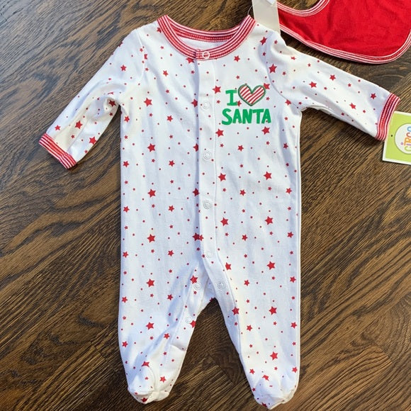 #91 - NWT I Love Santa Holiday Christmas Footed Jammies and Bib Set - 3months