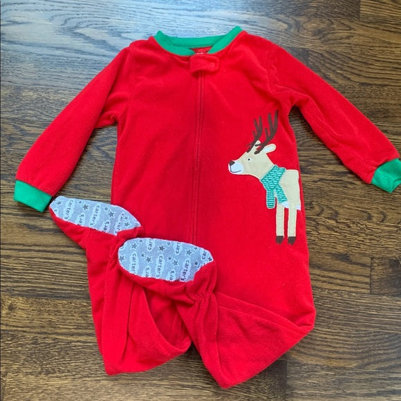 #91 - Carter's Red and Green Reindeer Kids Fleece Footie Pajamas PJs - 3T