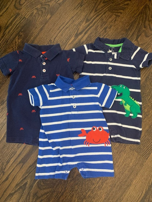 #48 - Blue and Navy Striped Baby Rompers Set  - Boy 6mo