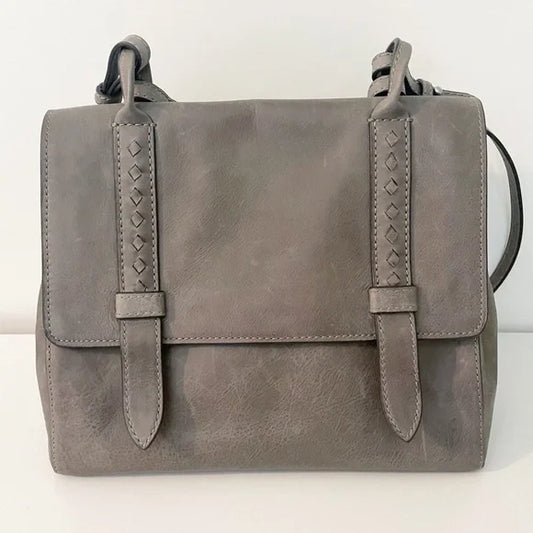 #118 | NEW Women's Frye Reed Flap Satchel Dove Gray Distressed Leather