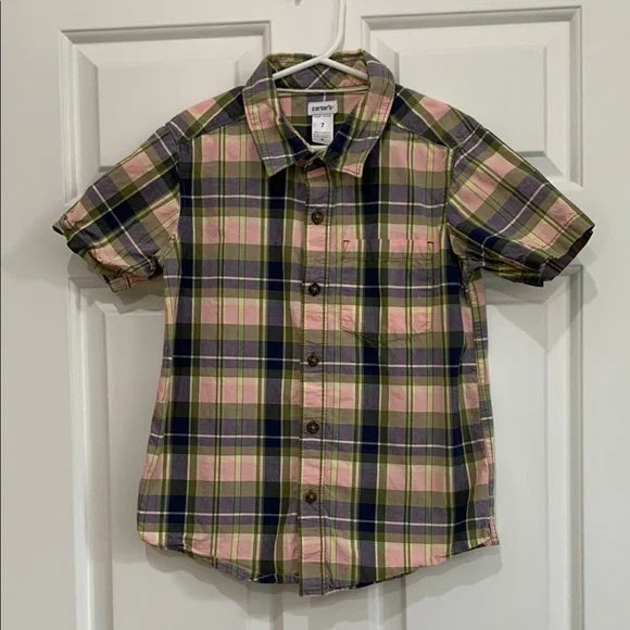 #181 - EUC Carter's Kids Boy Plaid Shirt - Pink and Green - Size 7