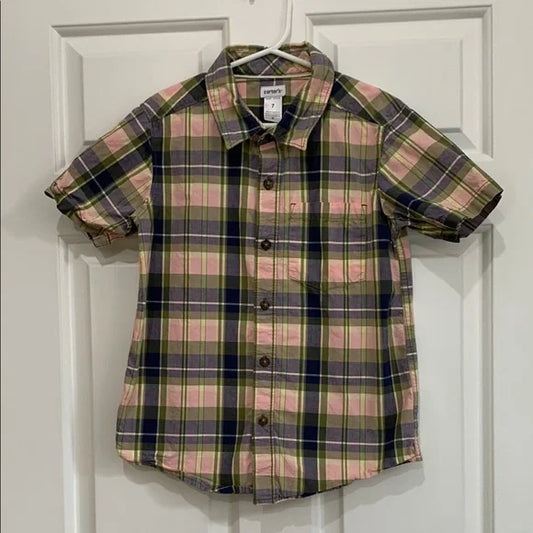 #181 - EUC Carter's Kids Boy Plaid Shirt - Pink and Green - Size 7