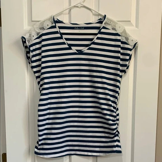 #181 - Blue and White Striped Women's Maternity Top with Lace *REDUCED*
