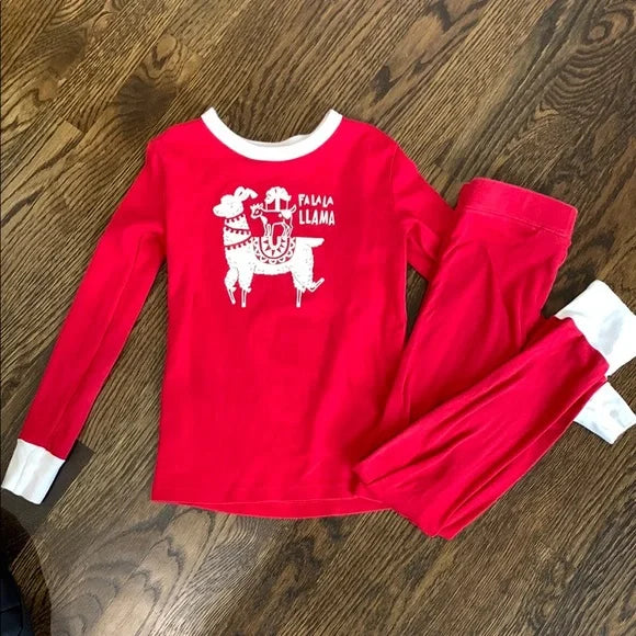 #91 EUC Boys Holiday Red Llama Kids Pajamas Size 8