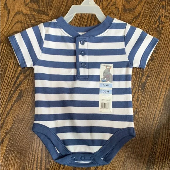 #181 - NEW Garanimals Blue Striped Nautical Bodysuit with Henley Neckline - 0-3mo