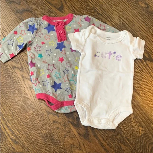 #181 - NWOT Colorful Star and White 'Cutie' Baby Onesies Set - Newborn