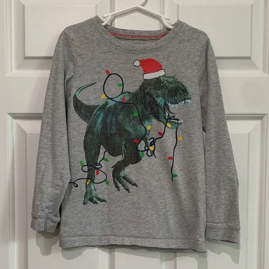 #181 - Gray Dinosaur Christmas Kids Shirt - Size 6