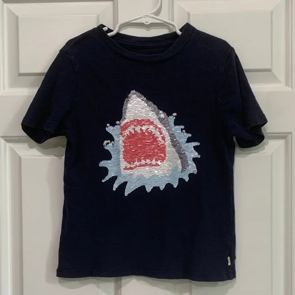 #181 - Navy Gap Shark Graphic Sequined Kids T-Shirt - Small *REDUCED*