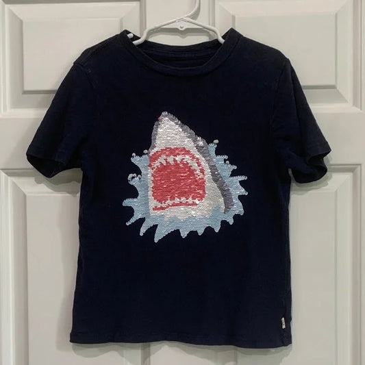 #181 - Navy Gap Shark Graphic Sequined Kids T-Shirt - Small *REDUCED*