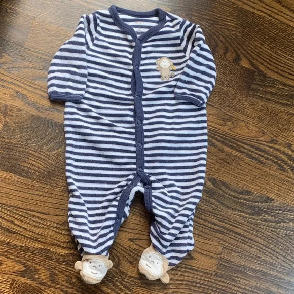 #181 Carter's Striped Blue and White Monkey Kids One Piece - 3mo