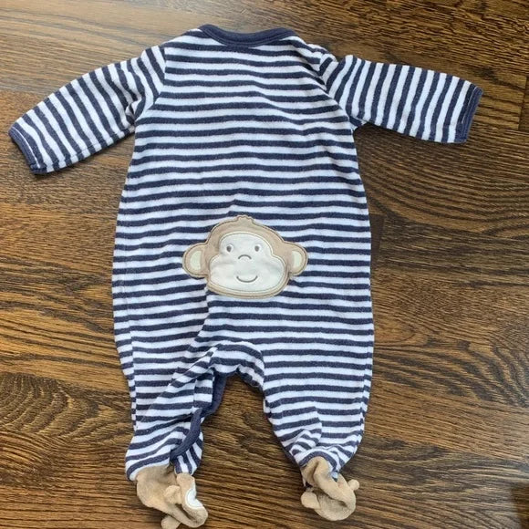#181 Carter's Striped Blue and White Monkey Kids One Piece - 3mo