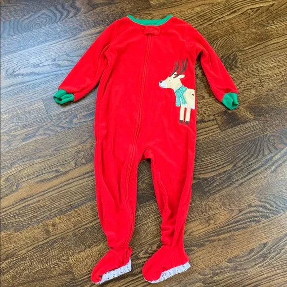 #91 - Carter's Red and Green Reindeer Kids Fleece Footie Pajamas PJs - 3T