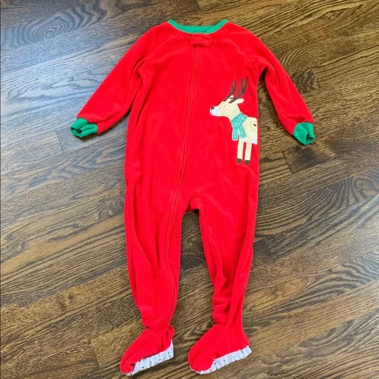 #91 - Carter's Red and Green Reindeer Kids Fleece Footie Pajamas PJs - 3T