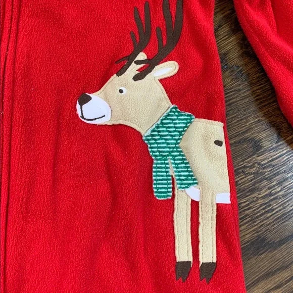#91 - Carter's Red and Green Reindeer Kids Fleece Footie Pajamas PJs - 3T