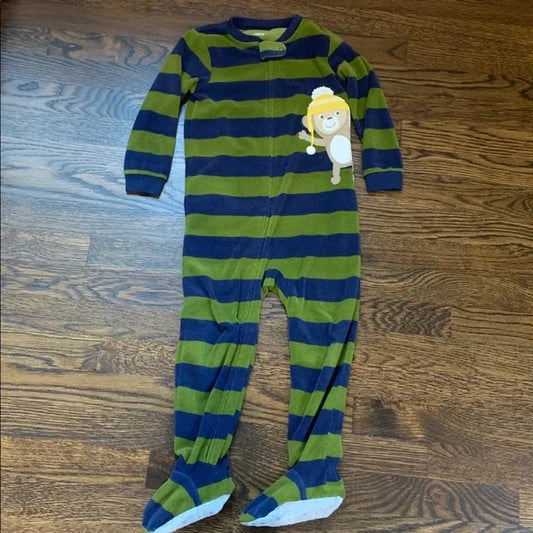 #91 - Carter's Striped Green and Blue Footed Fleece Pajamas PJs - 4T