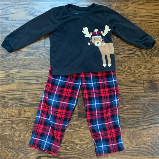 #91 - Black Reindeer Top and Plaid Pants Fleece Holiday Pajama Set - 3T