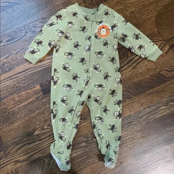 #91 - Green Monkey Print Baby Onesie Pajamas - 24mo