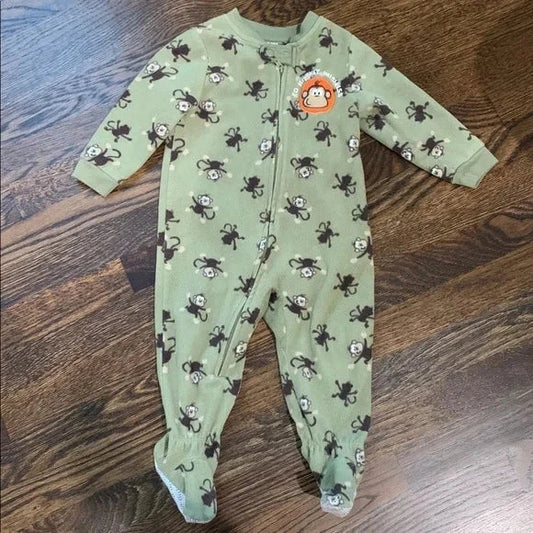 #91 - Green Monkey Print Baby Onesie Pajamas - 24mo