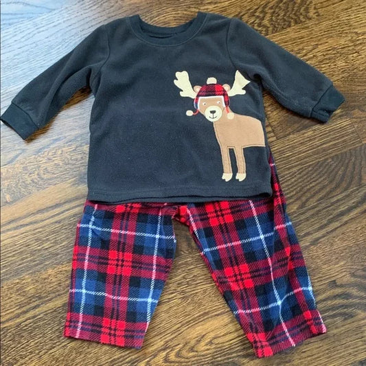#91 - Carter's Black Plaid Reindeer Holiday Fleece Pajama Set - 12mo