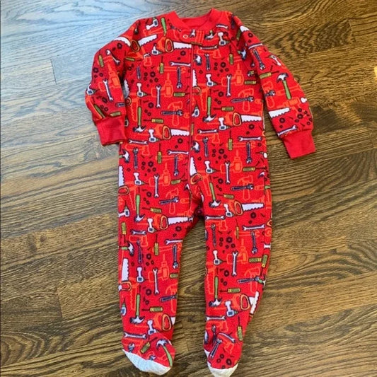 #91 - Red Baby Footie Sleeper Onesie Pajamas with Tool Print - 2T