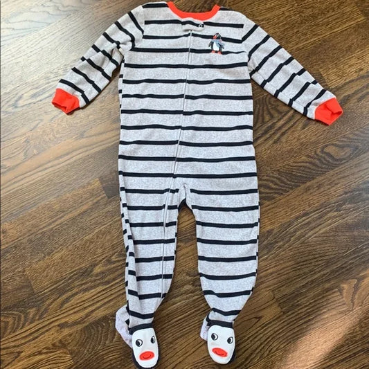 #91 - Striped Footed Pajamas with Penguin Design - 3T