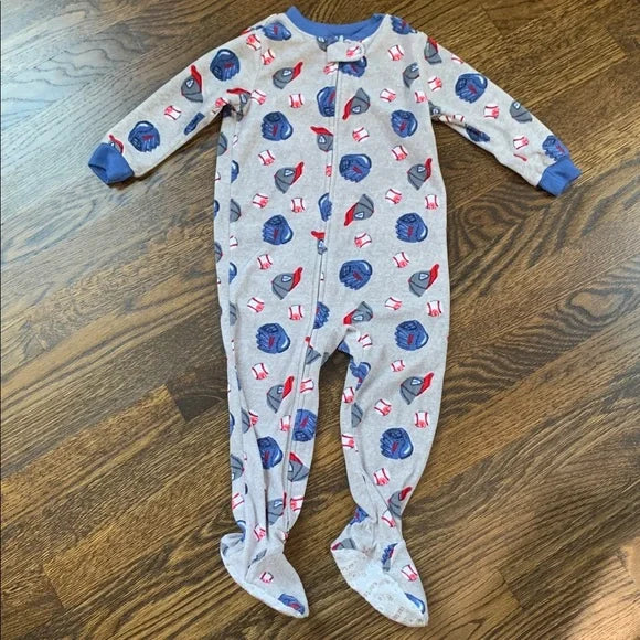 #91 - Gray and Blue Footed Pajamas with Sports Baseball Print - 24mo
