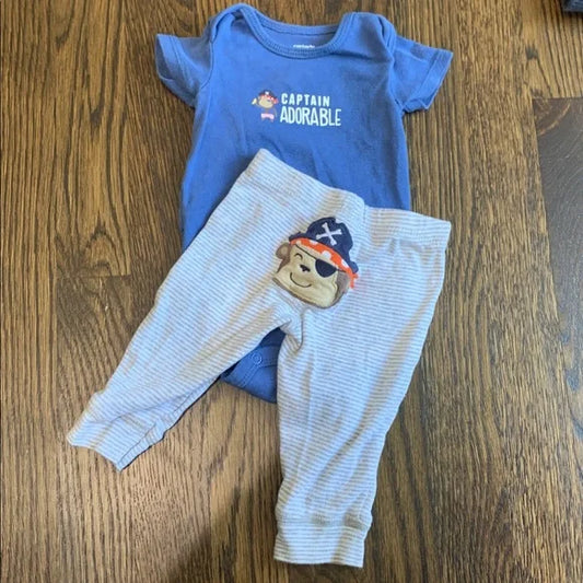#91 - Blue Captain Adorable Onesie and Striped Pants Set - 3mo
