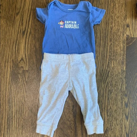 #91 - Blue Captain Adorable Onesie and Striped Pants Set - 3mo