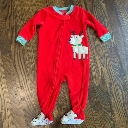 #91 - Carter's Red and Green Holiday Reindeer Baby Footed Onesie Pajamas PJ (12mo)