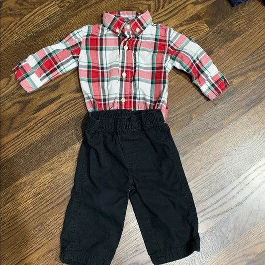 #91 - Plaid Holiday Button-Up Shirt Onesie and Black Pants Set 6-12mo