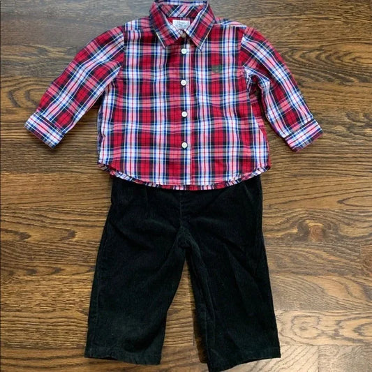 #91- EUC Chaps Plaid Holiday Button Down Shirt and Pants Set - 9 Mo