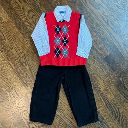 #91 - EUC Red Argyle Vest with Striped Shirt and Black Pants - 2T