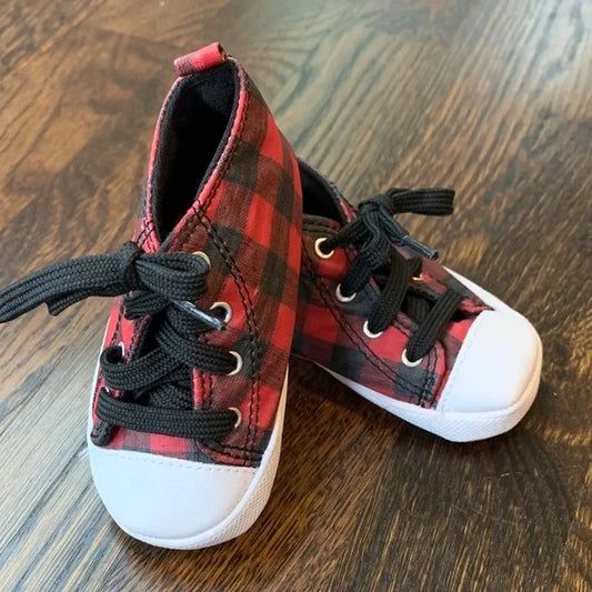 #91 - Plaid Red and Black Baby Soft Soled Sneakers - Baby Size 3