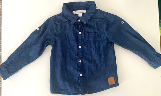 #95B EUC Mes Petits Cailloux Chambray Button Down Shirt, Boys 3T