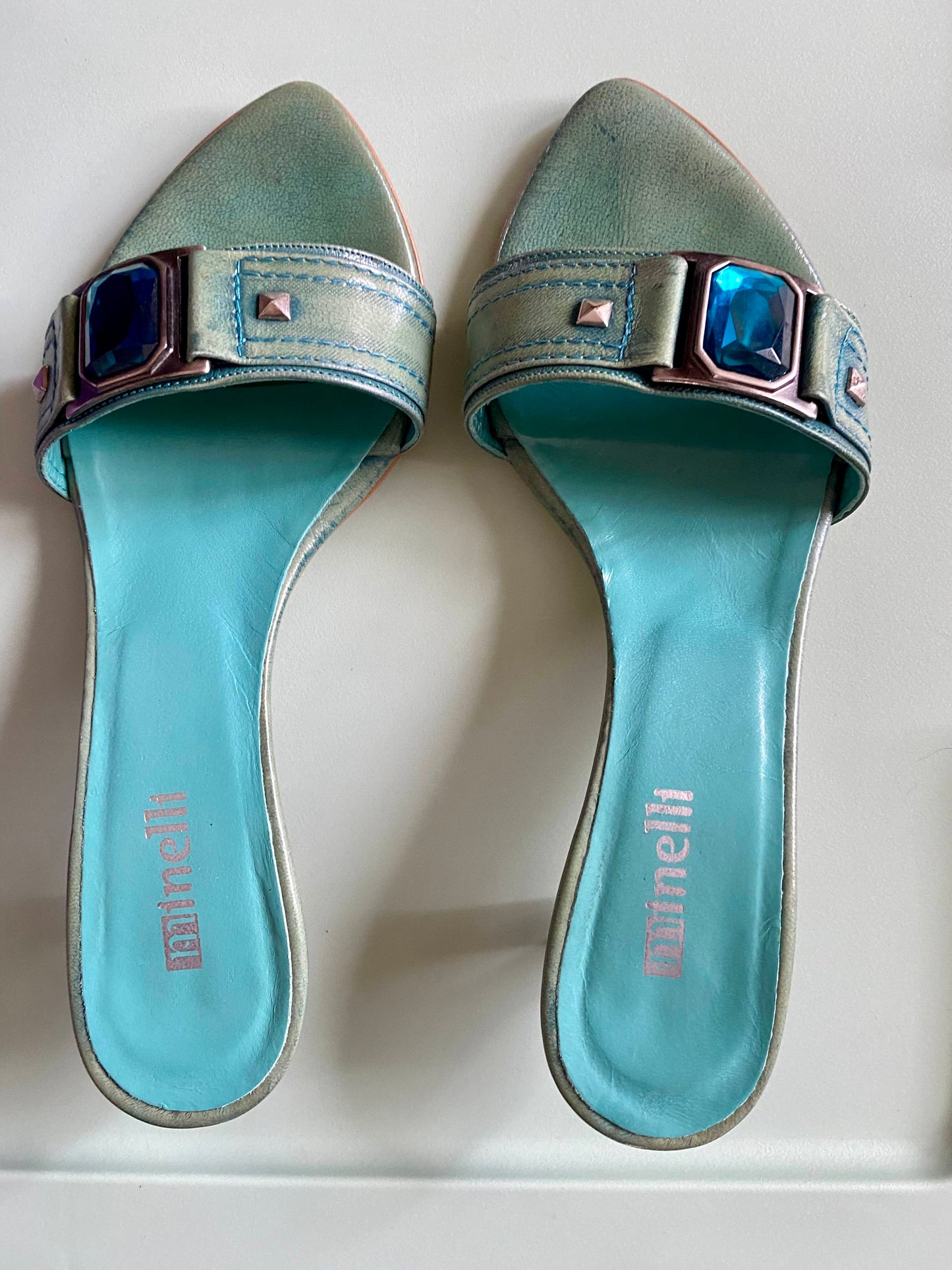 #95B VGUC Minelli Teal Kitten Heel Mules, Women's Size EU36 (US size 6)