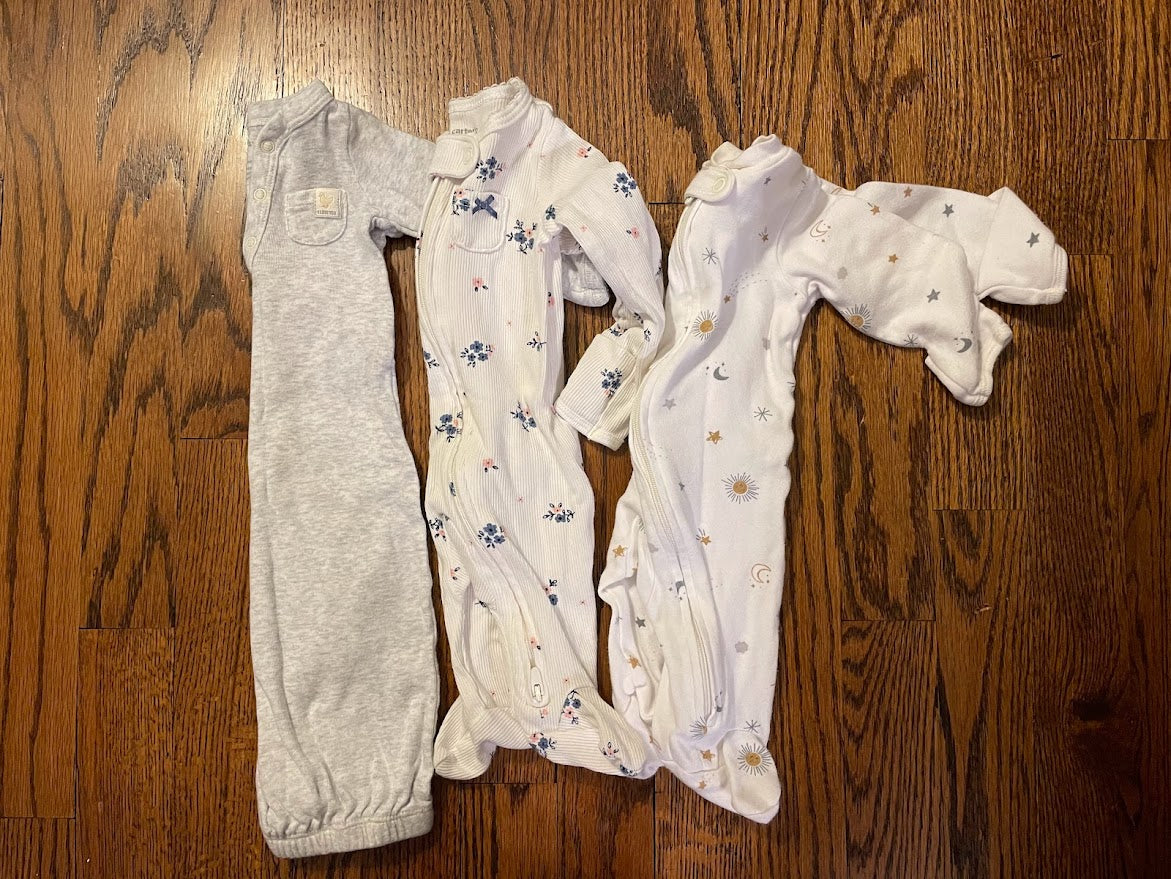 Carters newborn sleepers. Grey nightgown, white with flowers, and white with stars/moon