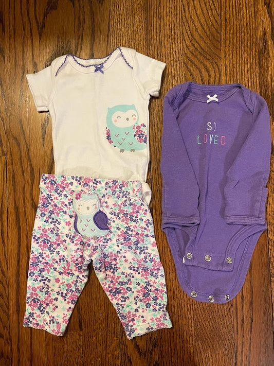 Carters baby girl size NB purple owl set. Bodysuit, pants, and long sleeve bodysuit