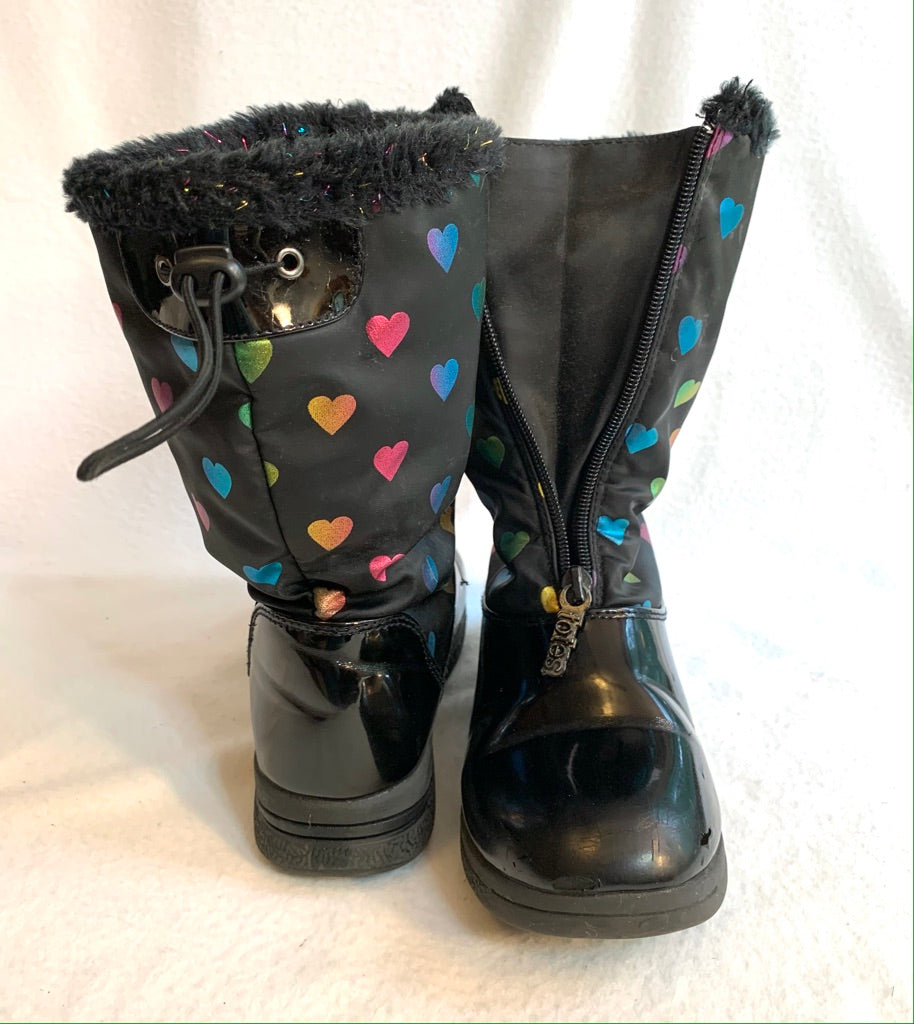 Seller #151 - REDUCED - Girls Shoes - Size 2 Totes Brand Black Zip Up Waterproof Boots with Rainbow Hearts