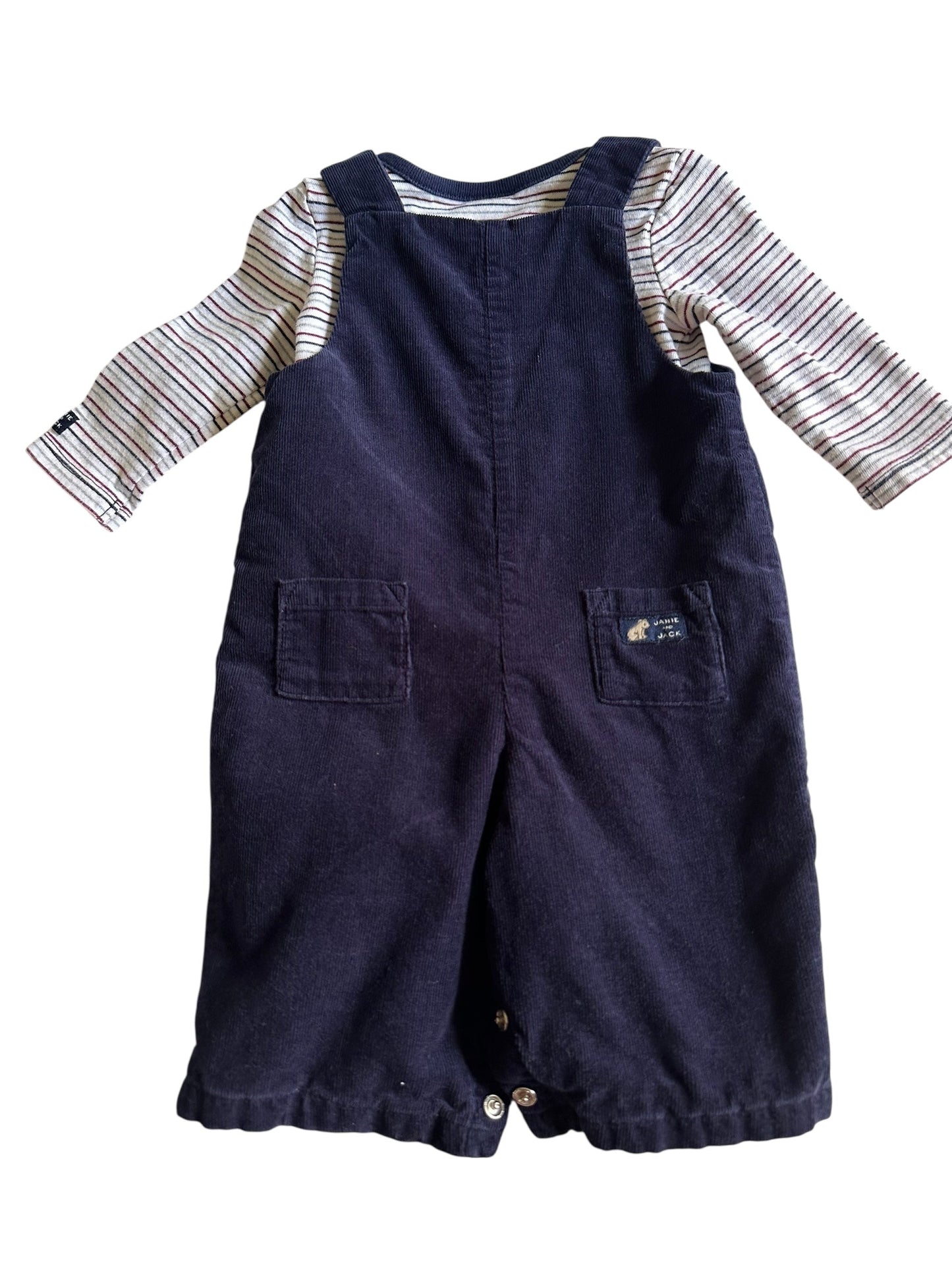 #93 Janie and Jack Navy Overalls and Striped Bodysuit Boys 0-3M