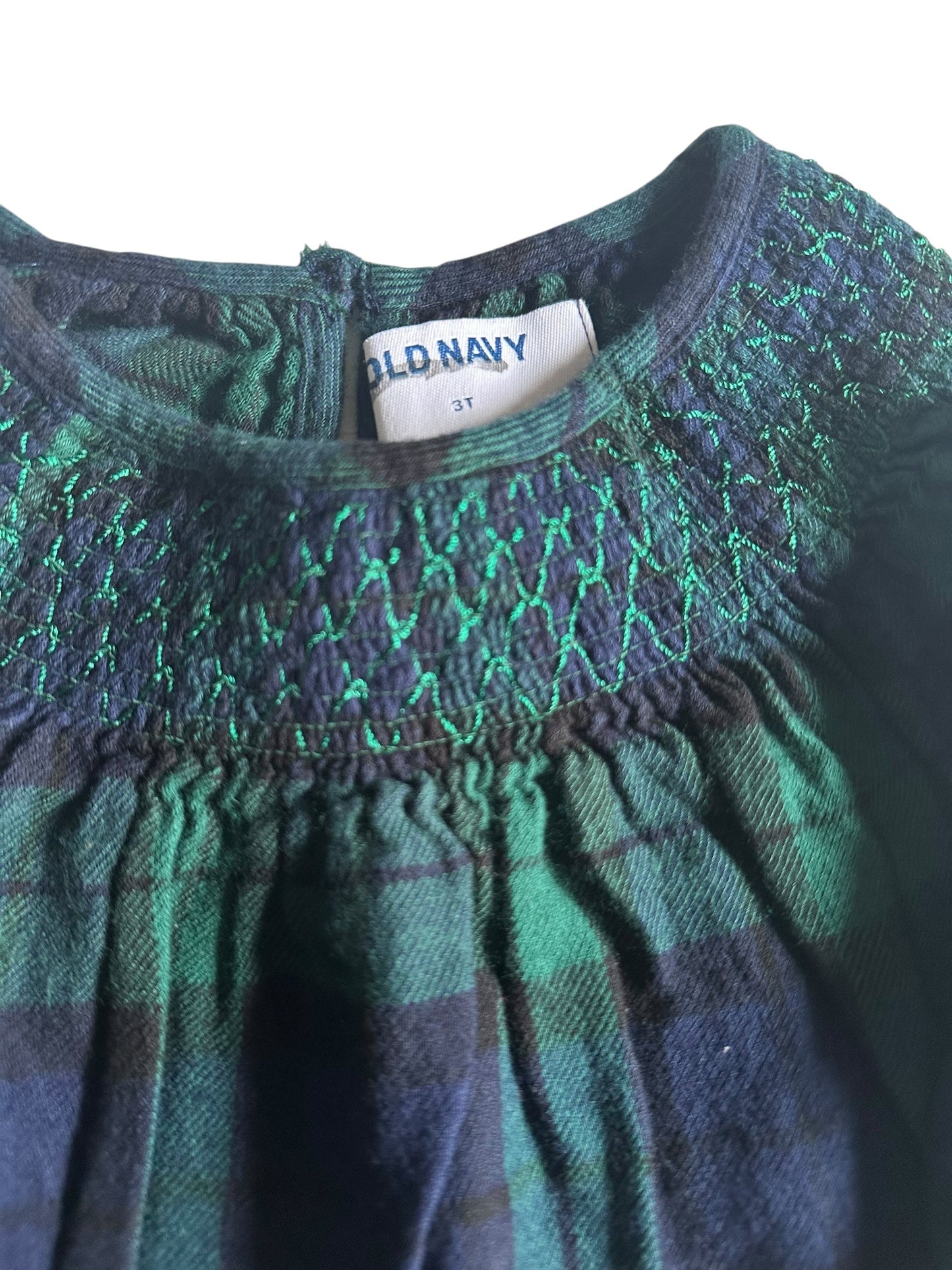 #93 Old Navy Green & Navy Plaid Stitched Shirt Girls 3T